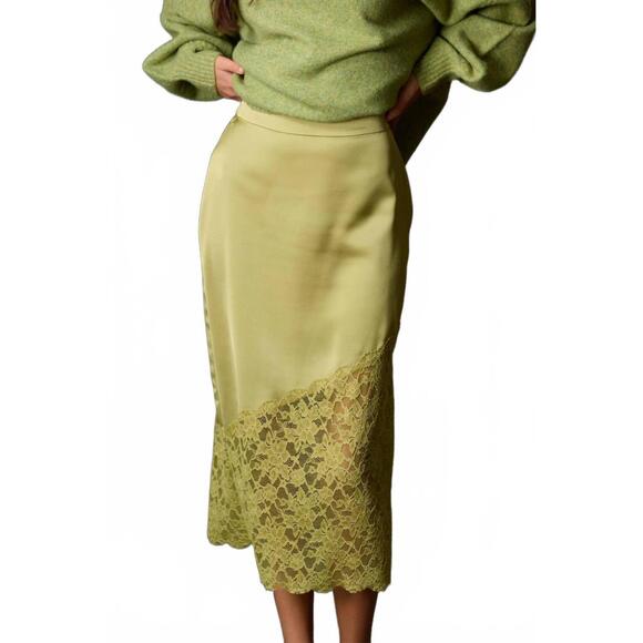 NEW BEFORE YOU satin asymmetrical lace contrast pencil midi skirt in light moss - Picture 2 of 3